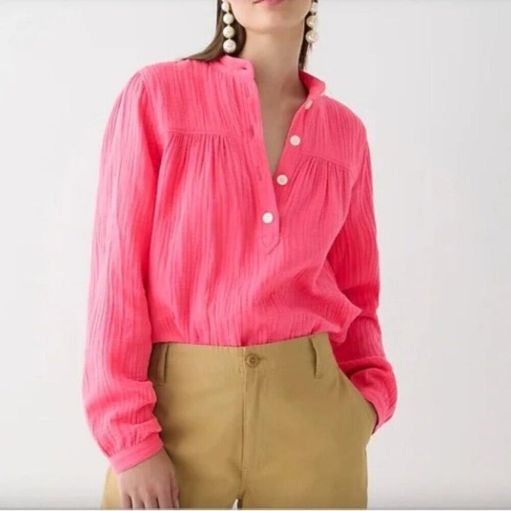 J. Crew Fresco Pink Gauzy Top Long Sleeve Preppy Casual Barbie BP555 Large